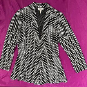 Espresso Black White Geometric Print Open Front Blazer Lightweight Jacket